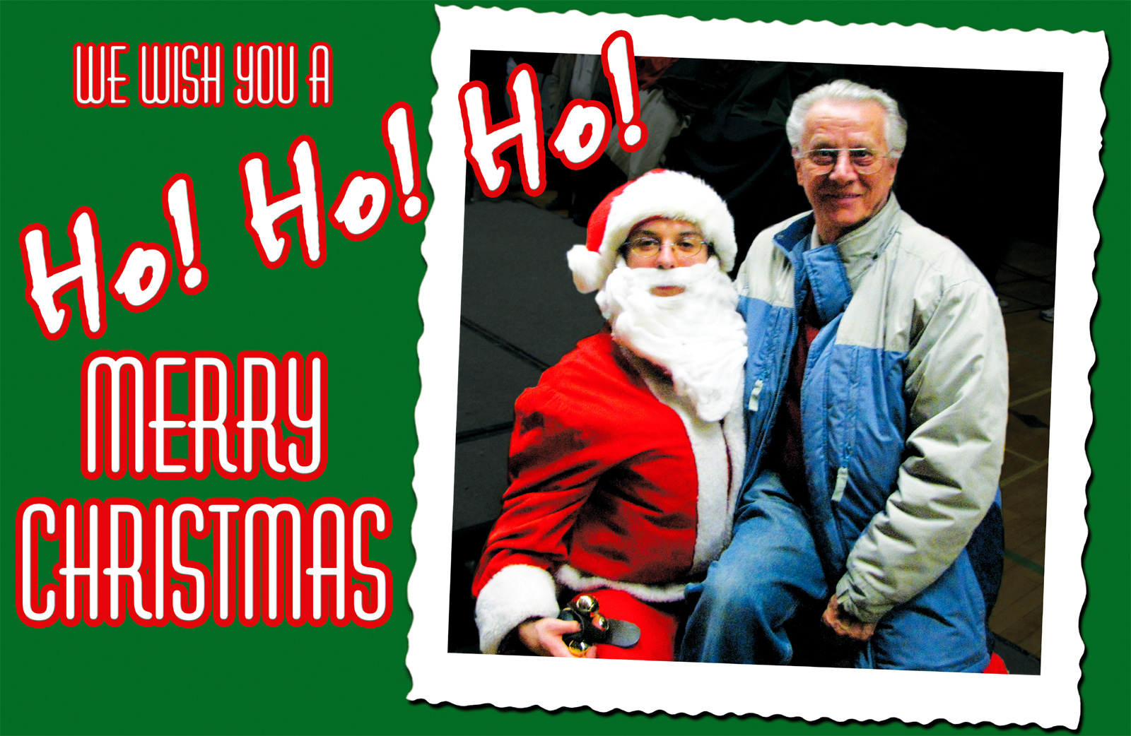 Christmas Card: Opa sits on Father Christmas's lap